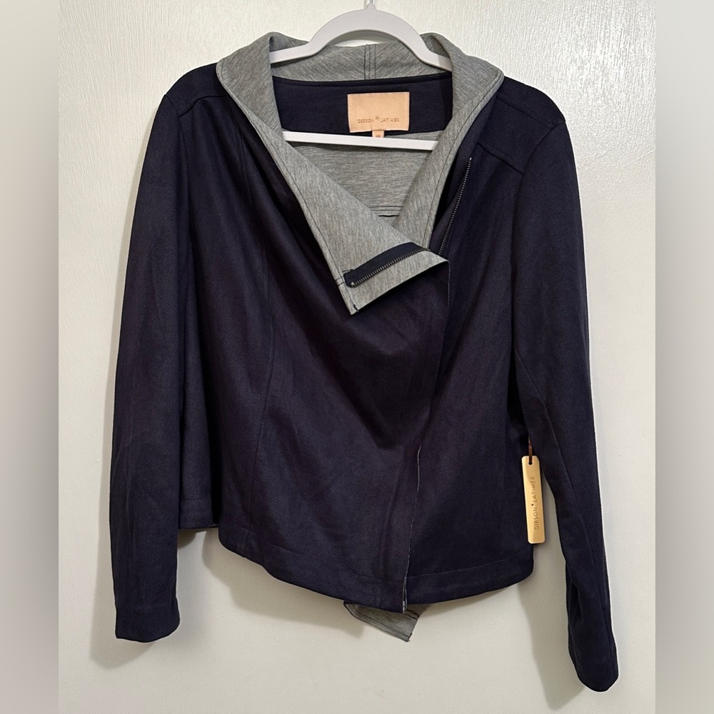 Gibson Latimer Women’s Navy Blue Grey Moto Faux Suede Zipper Jacket, Size 1X
